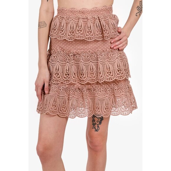 SELF PORTRAIT Blush Scalloped Guipere Lace Ruffle Tiered A-Line Skirt, Size 4 - Picture 1 of 13